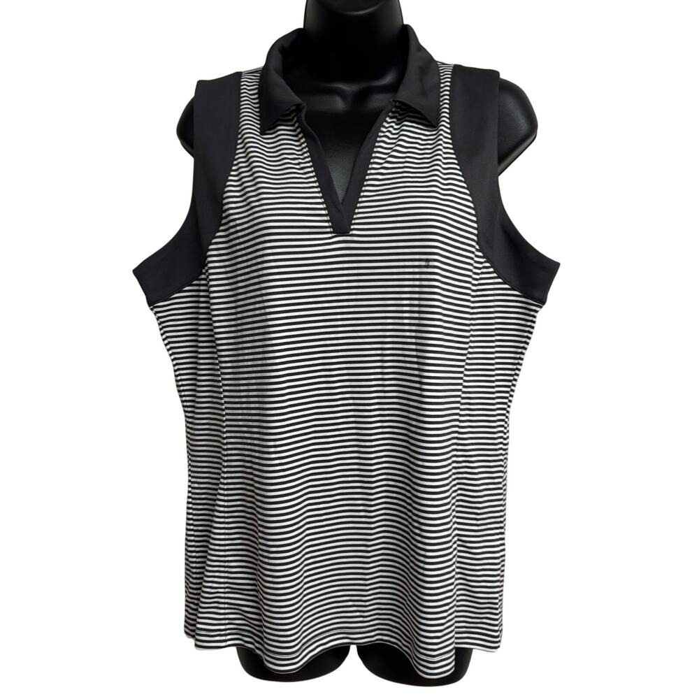 IZOD Fitness Women Sleeveless Golf Polo XL Top Black White Stripe Collar New